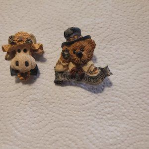 2 Boyds Bears Cow and Bear Pins Resin Retired Vintage Brooch